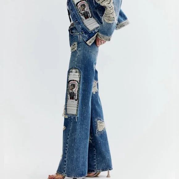 Hm basquiat denim straight relaxed high jeans 27